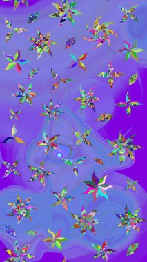 Parlak renkli çiçekleri ve mor ve mavi renkli yaprakları olan harika bir çiçek deseni. Halk tarzı. Moda baskıları için zarif bir şablon. Modern çiçek arkaplanı.