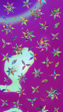 Raster çiçek desenli çiçek deseni, yapraklar, dekoratif elementler, sıçrama, lekeler, el çizimi kontur çizgileri ve Doodle çizim stili, grafik raster çizim çizimi.