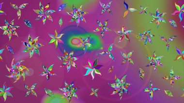 Mor ve yeşil renkli çiçekler. Renkli Bahar Teması eskiz kalıbı. Raster illüstrasyonundaki çiçek desenli çizim. Düz Çiçek Elementleri Tasarımı.