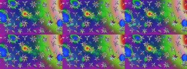 Raster düz çiçek çizim deseni. Mavi ve yeşil renkli çiçekler. Tasarım hediye paketi, tebrik kartları, posterler ve afiş tasarımı.