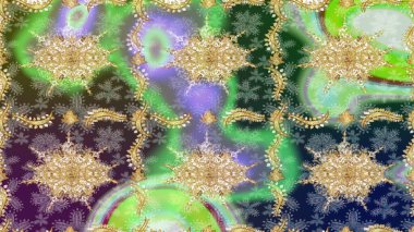 Skeç raster arka planı. Çiçek deseni. Yeşil renkte altın elementler. Duvar kâğıdı barok, İspanyol kumaşı. Şekil grafik deseni.