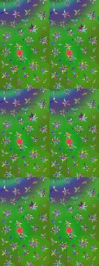 Çiçekli ipek eşarp. El çizimi çiçek unsurları olan soyut çizim raster deseni. 1950-1960 motifleri. Retro tekstil tasarım koleksiyonu. Açık.