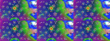 Raster illüstrasyonundaki çiçek desenli çizim. Suluboya tarzında mavi ve yeşil renkte çiçekler.