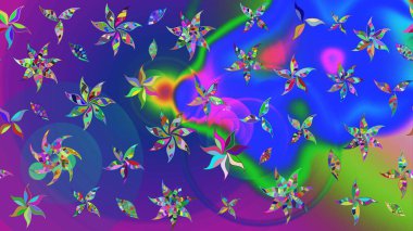 Mavi ve menekşe renkleri üzerine karalamalar çizilmiş çiçek deseni. Raster illüstrasyonu.