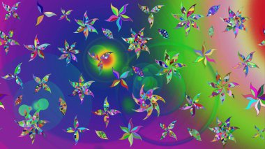 Raster illüstrasyonundaki çiçek desenli çizim. Yeşil ve mavi renkte çiçekler.