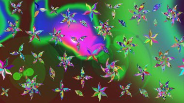 Renkli desenli eskiz deseni, yeşil ve kahverengi çiçekler ve dekoratif elementler. Eskiz geçmişi. Raster illüstrasyonu. Kumaş, tekstil, duvar kağıdı baskısı için. Antika retro tarzı.