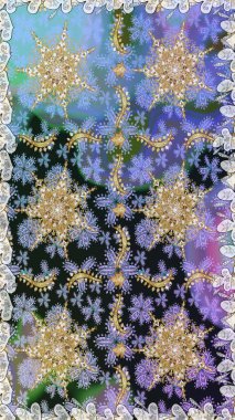 El yapımı dekoratif çerçeve, albüm kapağı, tebrik kartı, klasik Art deco tarzı. Altın karalama fantezi yapraklarından Raster soyut çiçek çelengi ve gri ve mavi renkte çiçek..