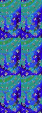 Mavi ve yeşil renkli Asya tekstili. Raster illüstrasyonu. Çiçek desenini çiz.