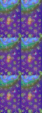 Mor ve mor renkli çiçekler. Hediye ambalaj kağıdı, tebrik kartları, posterler ve pankart tasarımı. Raster düz çiçek çizim deseni.