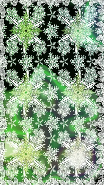 Raster illüstrasyonu. Patlayan çiçekler soyut olarak yerleştirilmiş. Yumuşak, yeşil ve nötr renklerde bahar çiçekleri. Raster deseni.