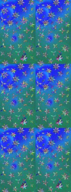 Mavi ve yeşil renkli çiçekler. Kumaş desenli papatya çiçekleri ayrıntıları.