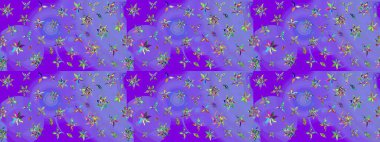 El çizimi çiçek unsurları olan soyut çizim raster deseni. Menekşe ve yeşil üzerine mor ve yeşil. Retro tekstil tasarım koleksiyonu. Çiçekli ipek eşarp. 1950 'ler-1960' lar motifleri.