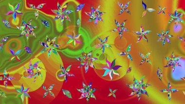 Raster illüstrasyonu. Yeşil ve kahverengi renkli Asya tekstili. Suluboya çiçekli çiçek deseni.