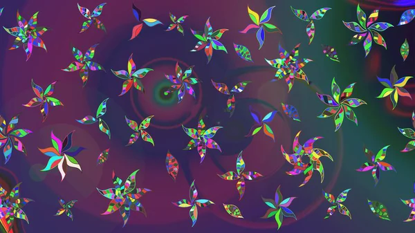 Raster deseni. Raster illüstrasyonu. Mor ve mor renkte bahar çiçekleri. Patlayan çiçekler soyut yerleştirilmiş.