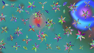 Raster illüstrasyonu. Yumuşak, bahar çiçekleri yeşil ve mavi renklerde. Çiçek ve yapraklı karalama şeklinde Raster çiçek deseni.