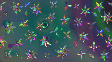 Düz Çiçek Elementleri Tasarımı. Renkli Bahar Teması eskiz kalıbı. Sevimli çiçek raster deseni. Mavi ve yeşil renkte çiçekler.