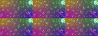 Renkli Yaz Temalı eskiz kalıbı. Raster Illustrasyon 'daki Çiçek Deseni' nin son moda çizimi. Düz Çiçek Elementleri Tasarımı. Mor ve yeşil renkte çiçekler.