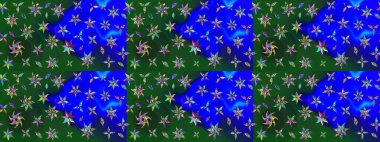 Mavi ve yeşil renkli bitkilerden oluşan parlak bir halı ile çizim deseni.