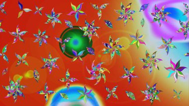 Raster illüstrasyonu. Çiçekler turuncu ve kırmızı renklerde. Çizim çiçek deseni duvar kağıdı için kullanılabilir.