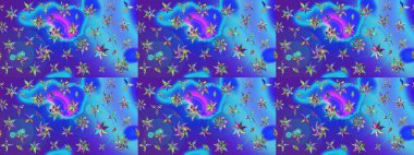 Mavi ve mor renkte manzaralı çiçek deseni. Çiçek kompozisyonu, el boyası, hassas şablon. Üst manzara, yumuşak stil. Sevgililer günü ve tebrik kartı konsepti için şık bir davet.