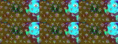 Çiçekli karalama şeklinde Raster çiçek deseni. Nazik, sevimli çiçek arkaplanı. Yeşil ve kahverengi renkte çiçekler.