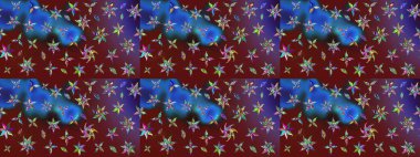 3D çiçekler, eskiz. Raster illüstrasyonu. Kırmızı ve mavi renklerde.