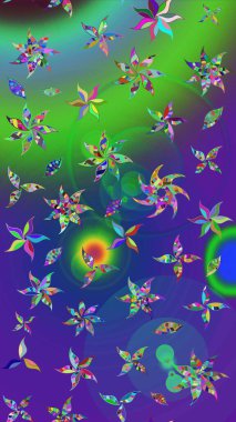 Yapraklı çiçekler ve yeşil ve mavi renkli papatya çiçekleri. Eskiz arkaplan modeli. Raster - stok.