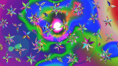 Raster illüstrasyonundaki çiçek desenli çizim. Mavi ve yeşil renkte çiçekler.