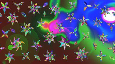 Üzerinde gelincikler ve vadi zambakları olan renkli çiçek desenli nakış deseni. Tekstil tasarımı için geleneksel Raster çiçek buketi yeşil ve mavi renkler.