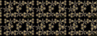 Siyah, kahverengi ve sarı kar taneleri. Raster illüstrasyonu. Noel ve yeni yıl moda baskıları için tatil tasarımı. Kar tanelerinin soyut arkaplanlı Noel deseni.