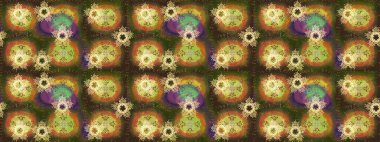 Kar tanesi raster deseni. Kahverengi, yeşil ve sarı renkli kar taneleri. Renkli arka planda izole tatlı kar taneleri. Raster illüstrasyonu.