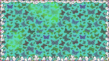 Yeşil renkte soyut sevimli kelebek. Raster illüstrasyonu. Basit bir şekilde. Kusursuz desen arkaplanı.