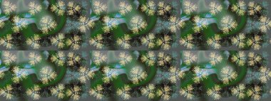 Yeşil, gri ve nötr renkler. Noel ve yeni yıl moda baskıları için tatil tasarımı. Raster illüstrasyonu. Kar tanelerinin soyut arkaplanlı Noel deseni.