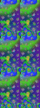 Raster deseni. Patlayan çiçekler soyut olarak yerleştirilmiş. Raster illüstrasyonu. Yeşil ve mavi renklerde bahar çiçekleri..