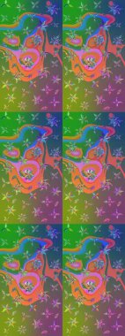 Raster illüstrasyonundaki çiçek desenli çizim. Yeşil ve mavi renkte çiçekler.