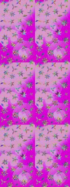 Motley illüstrasyonu. Tarafsız ve mor çiçekli bahar çiçekleri. Moda baskıları için zarif bir şablon. Küçük çiçekte güzel bir desen. Küçük renkli çiçekler..