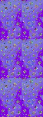 Şirin çiçek elementleri. Raster illüstrasyonu. Robot resim. Mor ve yeşil renkte çiçekler.