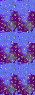 Raster illüstrasyonu. Çiçek desenli çizim. Asya tekstil tarzında. Mor ve mavi renkte çiçekler. Düz Çiçek Elementleri Tasarımı. Renkli Bahar Teması çizim şablonu.