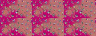 Renkli Bahar Teması eskiz kalıbı. Raster illüstrasyonundaki çiçek desenli çizim. Pembe ve morumsu renkte çiçekler. Düz Çiçek Elementleri Tasarımı.