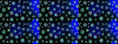 Raster hisseleri. Suluboya, elle çizilmiş. Çiçekler siyah ve mavi üzerine. Taslak arkaplan deseni.