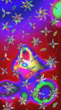 Modern çiçek arkaplanı. Halk tarzı. Moda baskıları için zarif bir şablon. Parlak renkli çiçekleri ve mor ve kırmızı renkte yaprakları olan harika bir çiçek deseni..