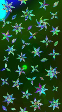 Raster Modaya uygun kumaş deseni. Renkli Bahar Teması eskiz kalıbı. Yeşil ve mavi renkli şirin çiçek desenleri. Düz Çiçek Elementleri Tasarımı.