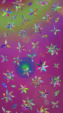 Hediye ambalaj kağıdı, tebrik kartları, posterler ve pankart tasarımı. Mor ve yeşil renkli çiçekler. Raster düz çiçek çizim deseni.