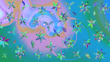 Modern çiçek arkaplanı. Moda baskıları için zarif bir şablon. Parlak renkli çiçekleri olan ve mavi ve nötr renklerde yaprakları olan harika bir çiçek deseni. Halk stili.