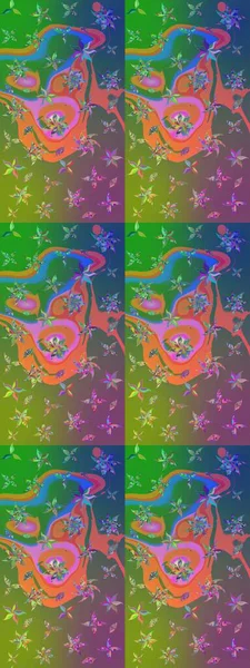 Raster illüstrasyonundaki çiçek desenli çizim. Yeşil ve mavi renkte çiçekler.