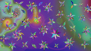 Düz Çiçek Elementleri Tasarımı. Sevimli çiçek raster deseni. Sketch Colour Spring Theme eskiz kalıbı. Mor ve yeşil renkte çiçekler.