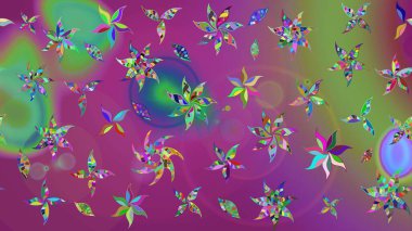 Raster deseni. Yumuşak, yaz çiçekleri mor ve yeşil renklerde. Küçük çiçekteki sevimli çiçek deseni. Raster illüstrasyonu.