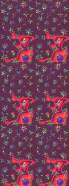 Raster Çiçek İllüstrasyonu 'nun şirin tekstili. Kahverengi ve mor renkli etnik çiçeklerle zarif bir eskiz deseni..