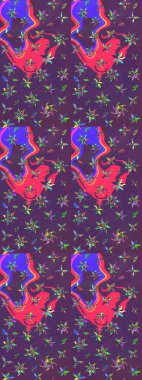 Raster illüstrasyonu. Renkli Bahar Teması eskiz kalıbı. Düz Çiçek Elementleri Tasarımı. Çiçek desenli çizim. Asya tekstil tarzında. Mor ve mor renkte çiçekler.