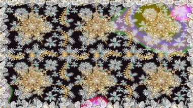 Gri ve nötr renklerde altın elementlerle kusursuz desen. Geleneksel oryantasyon süsü. Kusursuz klasik raster altın desenli. Klasik vintage arkaplan.